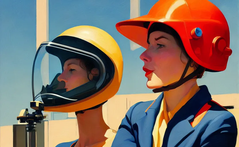 Image similar to Portrait of a woman engineer with helmet, very coherent, painted by Edward Hopper, painted by James Gilleard, airbrush, art by JamesJean