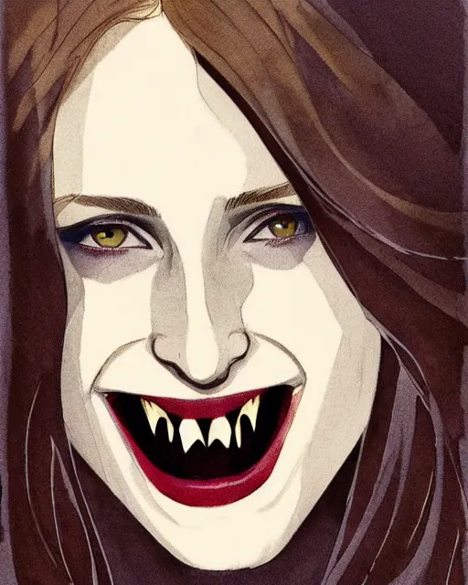 Prompt: in the style of Joshua Middleton, moody lighting, beautiful evil vampire Taissa Farmiga sharp bloody vampire fangs, evil smile showing fangs, symmetrical eyes, realistic face, symmetrical face, brown leather jacket, jeans, long black hair, full body, Rafael Albuquerque art