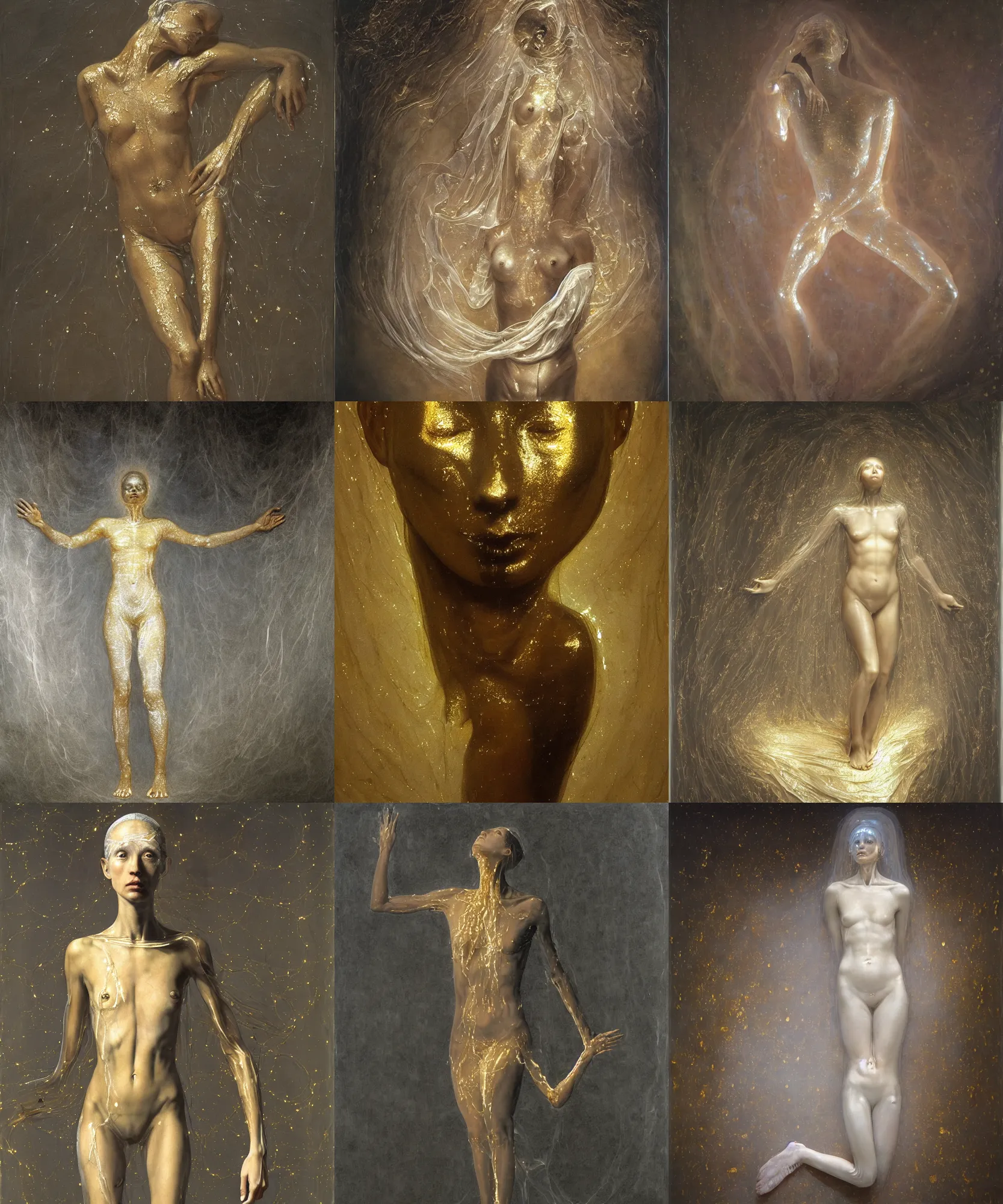 Prompt: Beautiful full-body wax sculpture of glowing transparent woman in transparent cloth with visible gold bones covered with melted white wax inside the singularity where stars becoming baroque folds of dark matter by Michelangelo da Caravaggio, Nicola Samori, William Blake, Alex Grey and Beksinski, dramatic volumetric lighting, highly detailed oil painting, 8k, masterpiece