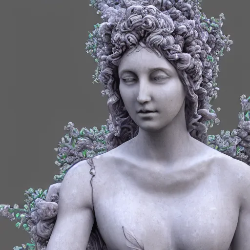 Image similar to an idealistic marble statue with fractal flowery hair in a fractal garden, unreal engine, 8k render, beautiful, full frame,