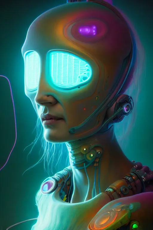 Prompt: portrait of a cute smiling bioluminescent creature, cyberpunk, dark retrowave, highly detailed, asymmetrical artwork, cinematic, hyperrealism, art by zdzisław beksinski and stanley lau and artgerm and magali villeneuve and alphonse mucha, artstation, octane render, unreal engine, 8 k, aperture f 1. 2