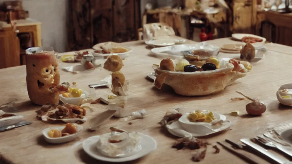 Prompt: Cursed food on the kitchen table, film still from the movie directed by Denis Villeneuve with art direction by Salvador Dalí, wide lens