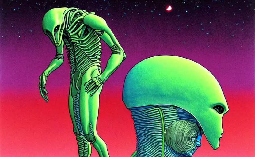 Image similar to ( ( ( ( an alien ) ) ) ) by mœbius!!!!!!!!!!!!!!!!!!!!!!!!!!!, overdetailed art, colorful