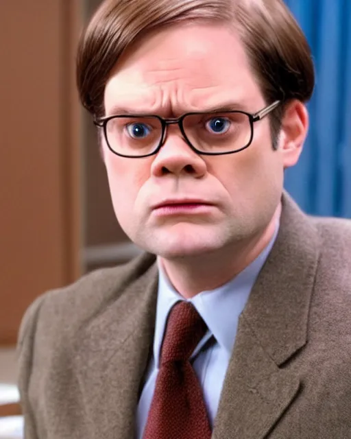 Image similar to film still from the office, dwight schrute as a muppet. highly detailed felt. hyper real photo. 4 k.