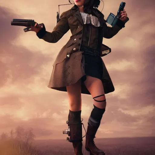 Prompt: Young girl in steampunk clothes, she wears boots and holds a gun, full body shot, sharp focus, photography, very detailed, dark hair, octane render, by greg rutkowski, by nikon, by Iphone, 4k