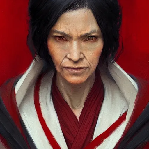 Image similar to portrait of a woman by greg rutkowski, jedi queen, half asian, black bob hair, star wars expanded universe, she is about 5 0 years old, wearing jedi red robes.