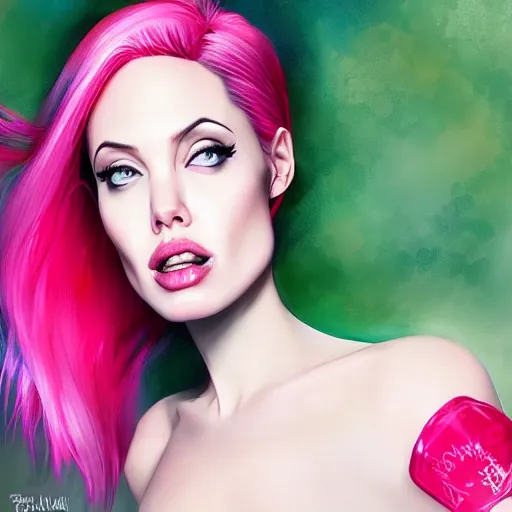 Image similar to pink hair angelina jolie by wlop and ross tran and sakimichan