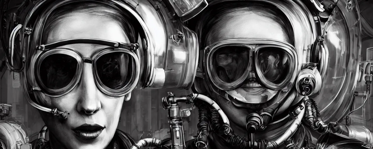 Prompt: detailed ink character concept art 3 / 4 portrait of tattooed stoic heroic emotionless butch blonde woman engineer with short slicked - back hair, wearing dirty flight suit, wearing dark victorian goggles, working inside reactor room, awkward and uncomfortable and anxious, dirty. industrial space program, scifi, hyper detailed. octane render. trending on artstation