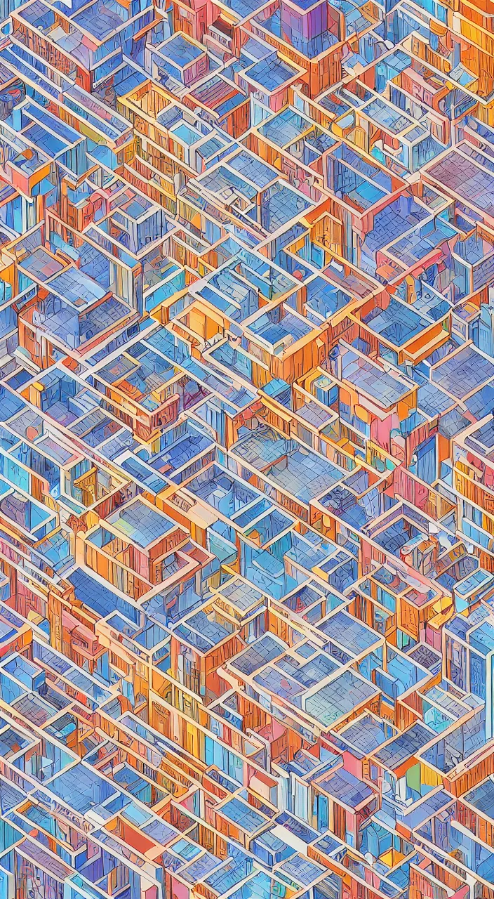 Prompt: isometric drawing of a fictional dense city, in style of rem koolhaas, peter eisenman, warm color palette