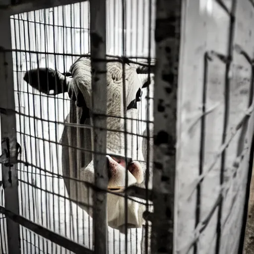 Image similar to dirty bottle of milk and a cow inside a cage, inside slaughterhouse