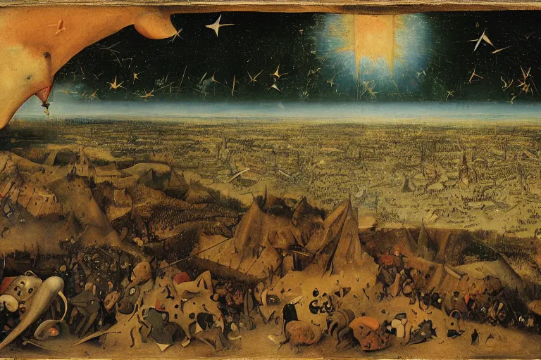 Prompt: a monstrous shooting star that is about to destroy the earth and the whole universe, by pieter bruegel,