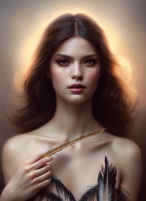 Prompt: a gorgeous female photo, professionally retouched, soft lighting, wearing a feather dress, realistic, smooth face, perfect eyes, wide angle, sharp focus on eyes, 8 k high definition, insanely detailed, intricate, elegant, art by artgerm and greg rutkowski and tom bagshaw