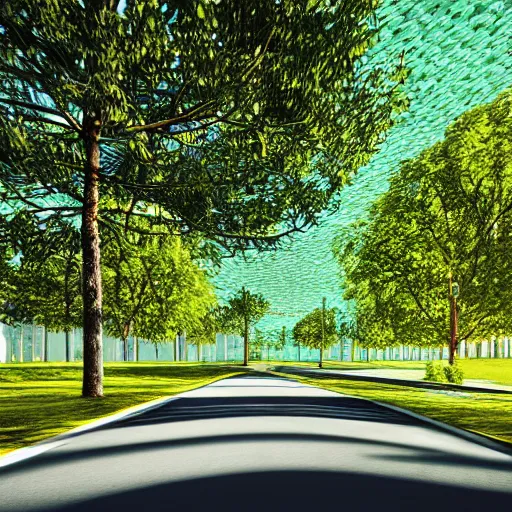 Prompt: road leading to a beautiful green modern city, octane render