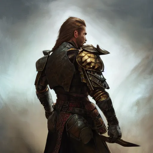 Prompt: rear side portrait of a muscular, ponytail haired blonde man with a armored left arm, wearing a brown leather coat, looking to his left, DnD, fantasy, detailed, digital art by Ruan Jia