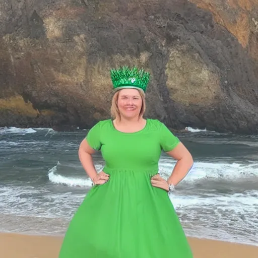 Image similar to A photo of a young woman standing on a beach wearing a green dress and a crown