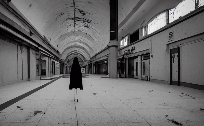 Prompt: a hooded figure, standing in a dark abandoned mall, photography