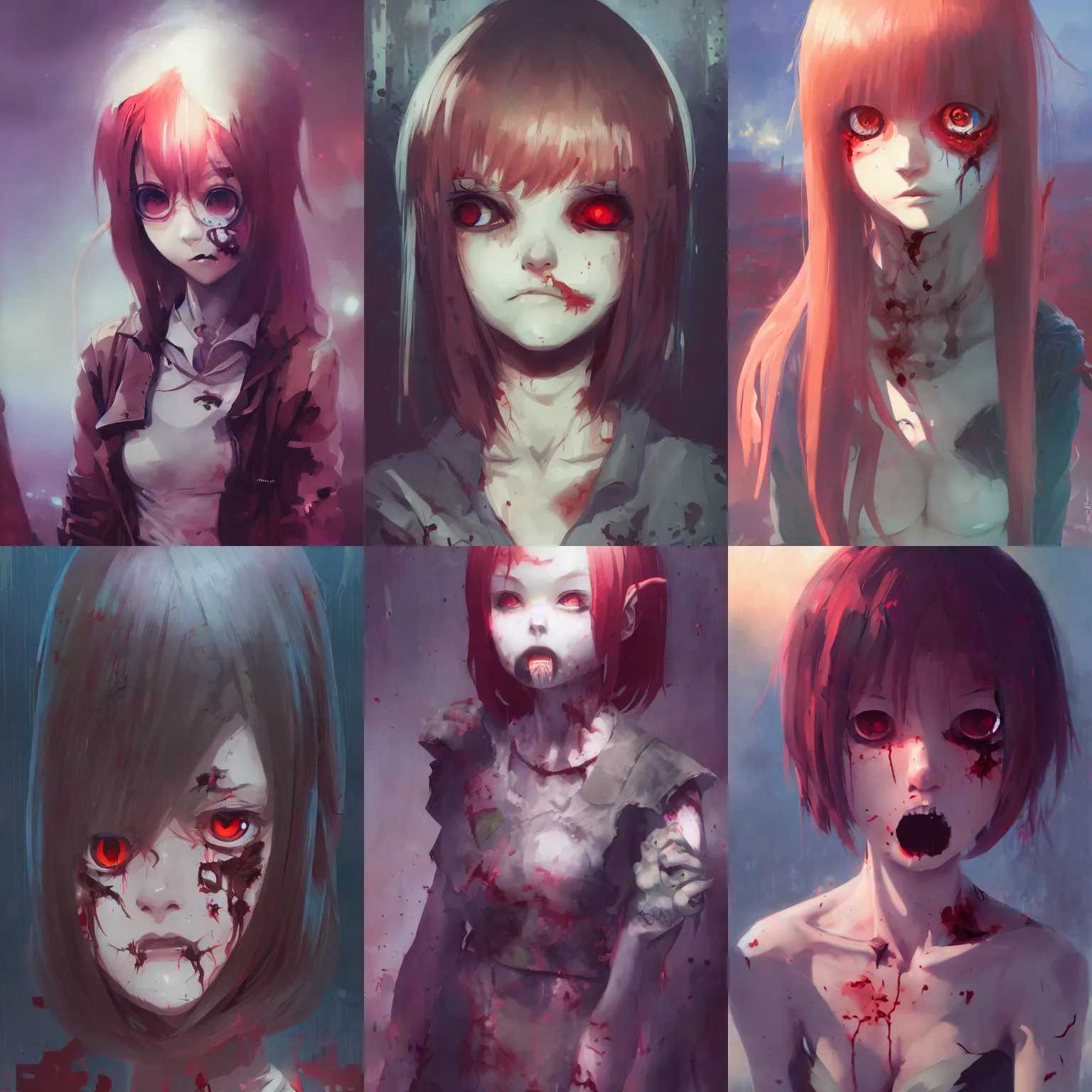 Prompt: a portrait of a cute zombie, apocalyptic setting, vivid colors, soft lighting, atmospheric, cinematic, moody, in the style of Ilya Kuvshinov and Range Murata, Krenz Cushart, rule of thirds, oil on canvas, 8k