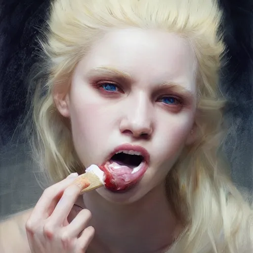 Prompt: A pale blonde haired woman looks fearful as she tries vanilla ice cream by Ruan Jia and Mandy Jurgens and Artgerm and william-adolphe bouguerea, highly detailed, trending on artstation, award winning
