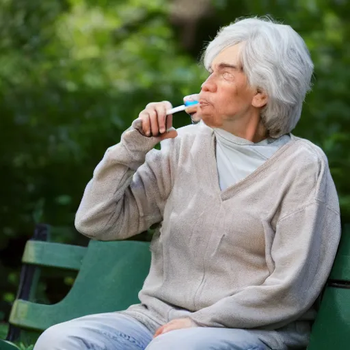 Image similar to an older woman sitting in a park. under her nose is a thin translucent tube connected to an oxygen tank, 4 k,