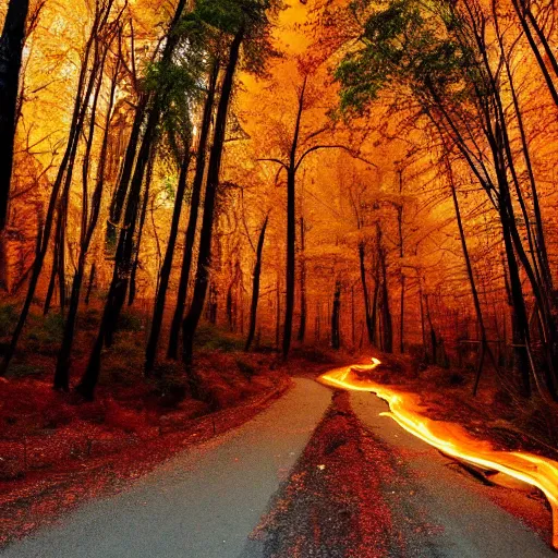 Prompt: forest at night fiery trees lighting the road littered with piles of bones