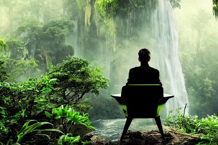 Image similar to movie closeup young man with a grey beard in a cyberpunk suit sitting on a futuristic chair at the edge of a jungle waterfall by emmanuel lubezki