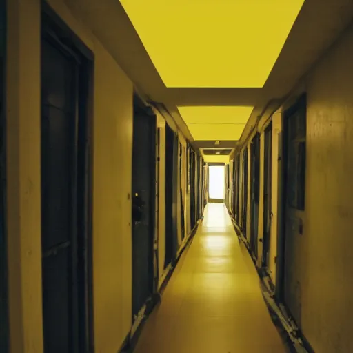 Prompt: an empty yellow hallway, liminal space, vhs recording