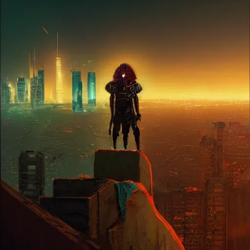 Image similar to a cyberpunk zulu warrior sitting on a cliff watching an enormous metropolitan city burn from a distance at night, by alena aenami and android jones and greg rutkowski, Trending on artstation, hyperrealism, elegant, stylized, highly detailed digital art, 8k resolution, hd, global illumination, radiant light, detailed and intricate cyberpunk ghetto environment, rendered in octane, post processed, wide angle, dynamic portrait