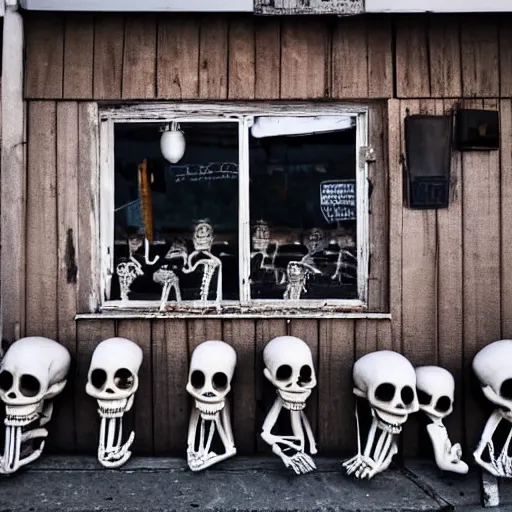 Prompt: skeletons in a roadside cafe at dawn. eerie light