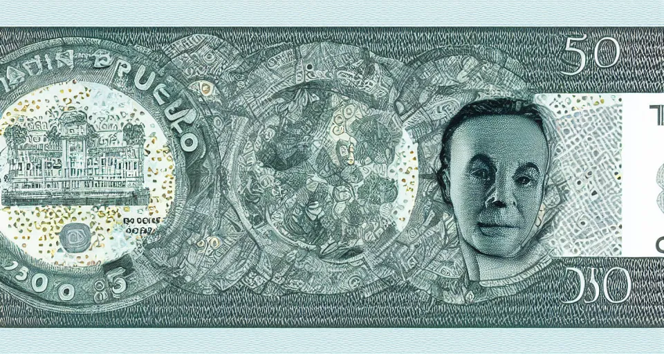 Prompt: concept design of british £ 5 0 note for the year 2 0 3 3