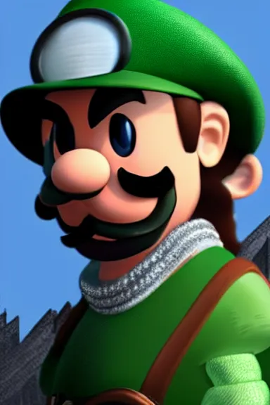 Image similar to very very intricate photorealistic photo of a realistic human version of luigi wearing his hat in an episode of game of thrones, photo is in focus with detailed atmospheric lighting, award - winning details