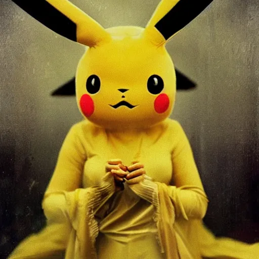 Image similar to elegant woman dressed up as pikachu, symmetry, art photo by Annie Liebovitz and Alphonse Mucha