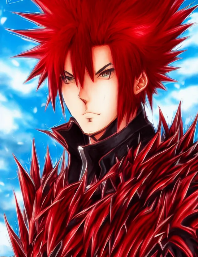 Image similar to a detailed manga portrait of a handsome tall man with spiked crimson hair in fiery crimson crystalline armour, trending on artstation, digital art, 4 k resolution, detailed, high quality, sharp focus, hq artwork, coherent, insane detail, character portrait