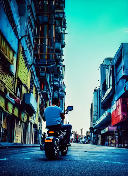 Prompt: photo of a man sitting happily on his motorcycle on a street in a cyberpunk city, the sky is a turquoise blue with beautiful white fluffy clouds, hyper realism volumetric lighting sony a 7 i camera