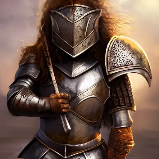 Image similar to young girl in knight armor, brown hair, full body shot, sharp focus, 4k , highly detailed, hyper realism, intricate