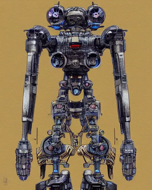 Image similar to beautiful schematic of an alien combat robot made of nuclear engine parts by mamoru oshii, mix of styles, schematic, solarpunk, illustration, intricate, highly detailed, sharp lines, sharp focus, studio ghibli color scheme