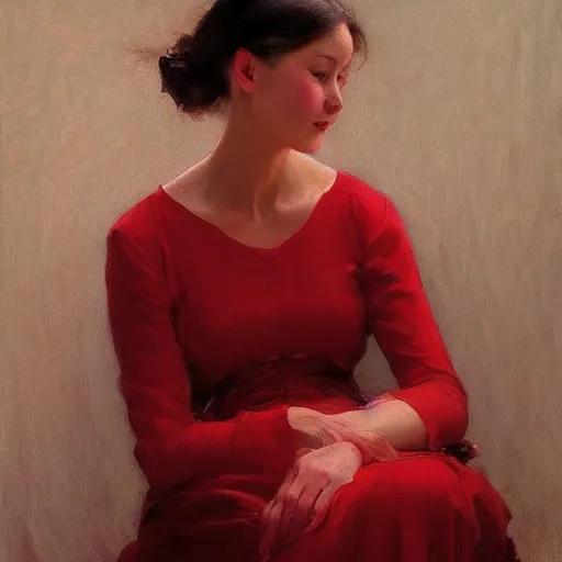 Prompt: yanjun cheng portrait of a beautiful woman, red dress, floral patterns by norman rockwell, bouguereau