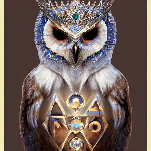 Prompt: detailed portrait of a magical owl, wearing a diamond crown, glowing feathers, digital art, realistic, dnd, character design, artstation