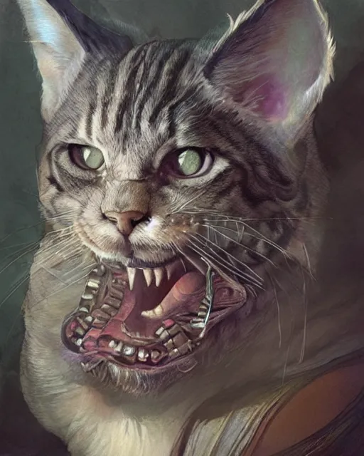Prompt: danny trejo cat hybrid, fuzzy ears, long whiskers, sharp fangs, highly detailed, romantic storybook fantasy, soft cinematic lighting, award, disney concept art watercolor illustration by mandy jurgens and alphonse mucha and alena aenami, pastel color palette, featured on artstation