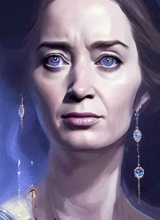 Prompt: portrait of emily blunt as queen, crying, tears, jewelry, greek, sapphire, victorian age, 1 8 9 0, intricate, headshot, key visual, conceptart, ambient lighting, highly detailed, digital painting, artstation, concept art, sharp focus, by makoto shinkai and akihiko yoshida and greg manchess