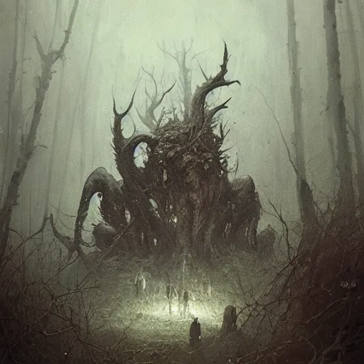 Image similar to elder demons from the abyss in a misty forest, by emil melmoth, by rozalski, by greg rutkowski, cinematic