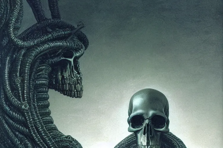 Image similar to intricate, smooth metallic skull atop coil of thick tubes, inside a dark room, style by caspar david friedrich and wayne barlowe and ted nasmith.