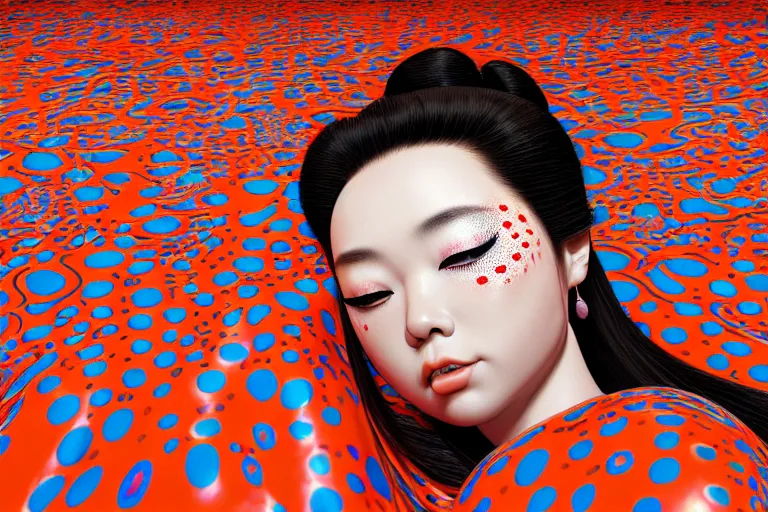 Image similar to realistic detailed image of a geisha laying down in a padded room, conjuring psychedelic background, part by yayoi kusama, part by alex gray, part by ross tran, part by james jean, ultra realistic, highly detailed, life like face, detailed body, 8 k, octane render, trending on artstation, very cohesive, masterpiece