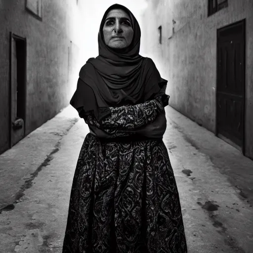 Prompt: a character portrait photo of an iranian woman, wide shot, hopeful, photojournalism, war photography, adobe, canon, nikon, flickr contest winner, neo-expressionism, art photography, industrial background, hyperrealism, chiaroscuro, anamorphic lens flare, elegant, shallow depth of field, haze, volumetric lighting, photo taken with provia, 24mm, f1.8, by Filip Hodas, by Andrew Domachowski