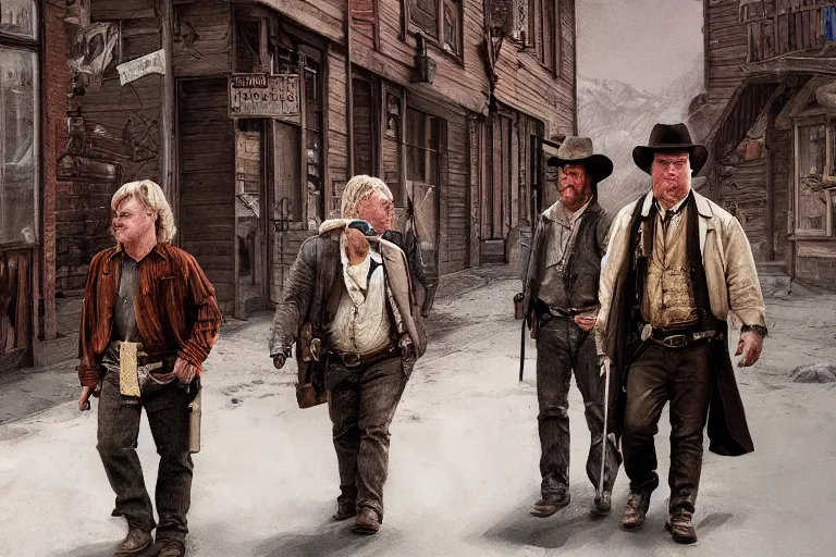 Prompt: phillip seymour hoffman and two bandits in a busy old west town, digital painting, realistic, detailed, artstation