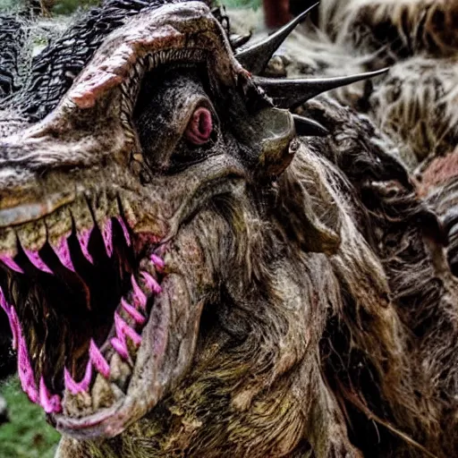 Image similar to horror, highly detailed photography, wide shot, mutated goat monster demon with huge mouth open to reveal filthy crocodile - like teeth, matted fur, in muddy medieval village, howling, screeching