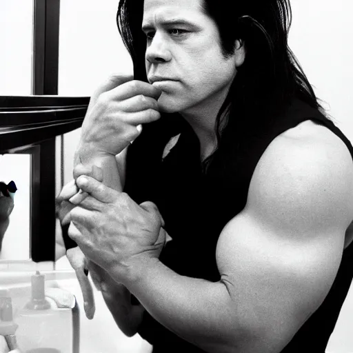 Image similar to glenn danzig sitting in front of a vanity curling his hair, high resolution,