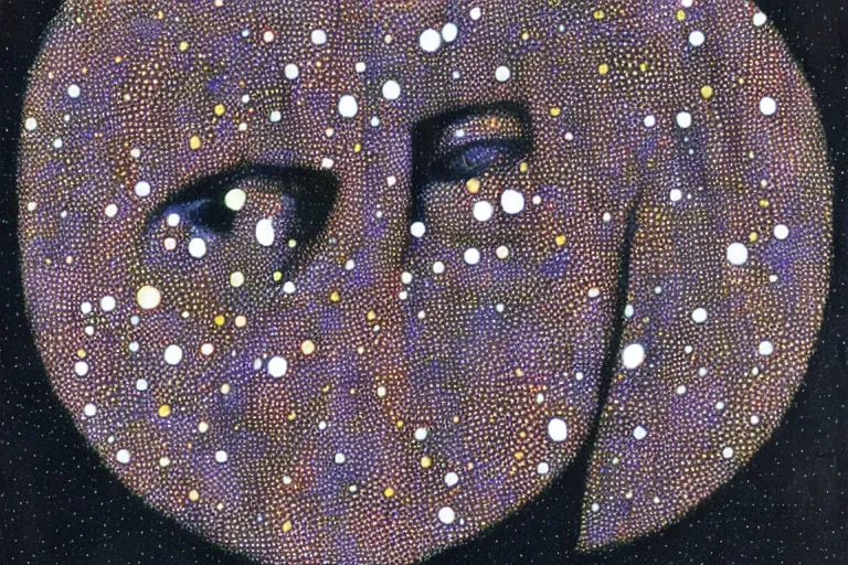 Image similar to face made out of planet, faceless people dark, dots, drip, stipple, pointillism, technical, abstract, minimal, style of francis bacon, asymmetry, pulled apart, cloak, hooded figure