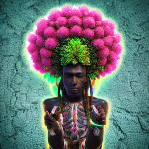 Image similar to an african marijuanna! shaman with an afro made of flowers, third eye art art by machina infinitum, complexity from simplicity, rendered in octane, mandelbulb 3 d, ambient occlusion, macro photography, felt!!! texture, tribal, neon! retrowave