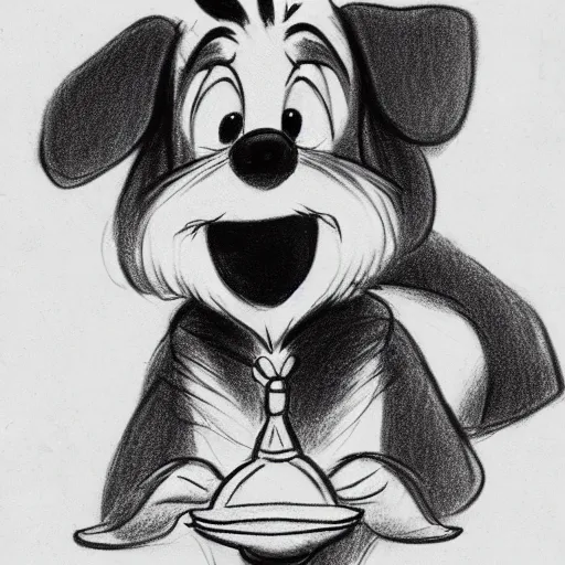 Image similar to milt kahl pencil sketch of happy mini schnauzer cartoon lady and the tramp style