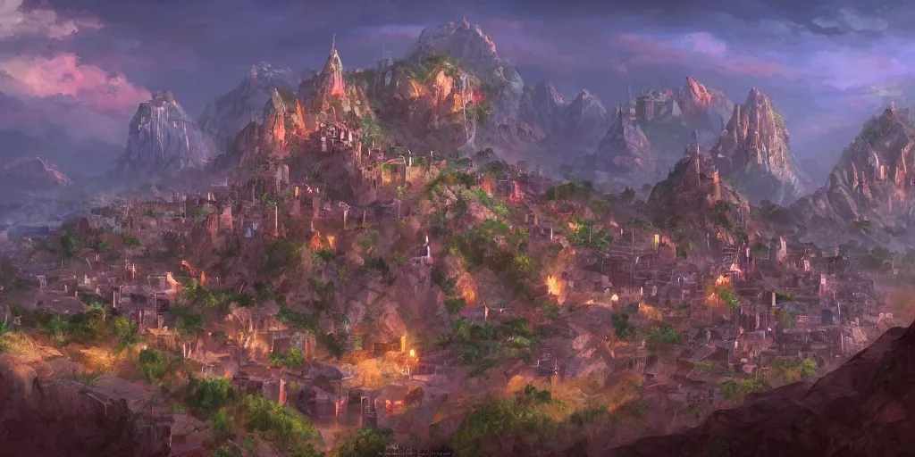 Image similar to an african city in a valley bordered by a fortress on the mountain side with three towers, multicolored spirits flying in the skies, highly detailed, fantasy art, cinematic volume lighting, 4k, illustration, epic scene, trending on artstation, art by Sebastian Luca